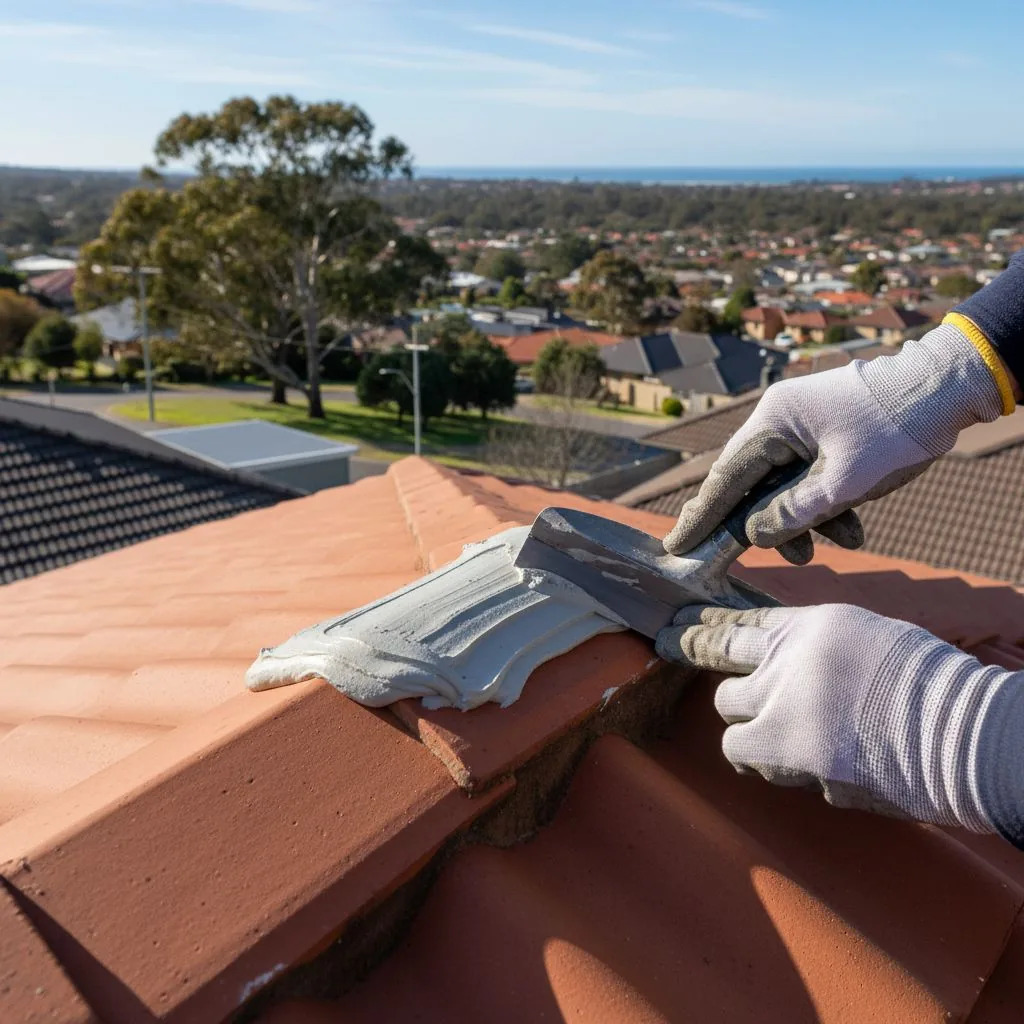 Gloved hands applying material along a tiled roof ridge joint