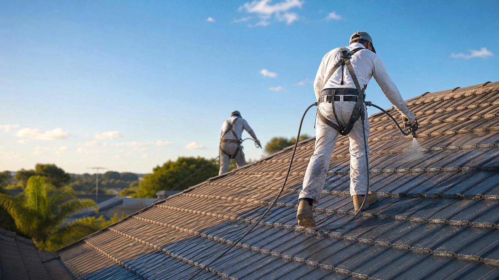 Workers using spray equipment on a tiled roof