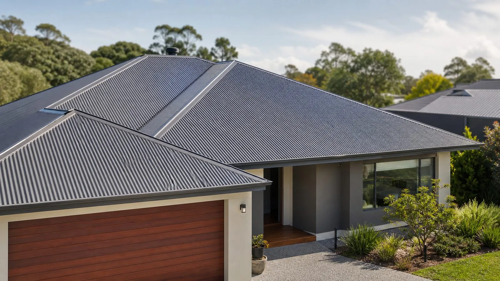 Dark metal roof with multiple hips, valleys and an eaves gutter